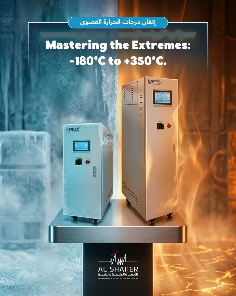 Al Shaker / LNEYA - high-contrast social creative: fire-and-ice split scene with headline mastering extremes from −180°C to +350°C and Al Shaker footer branding.