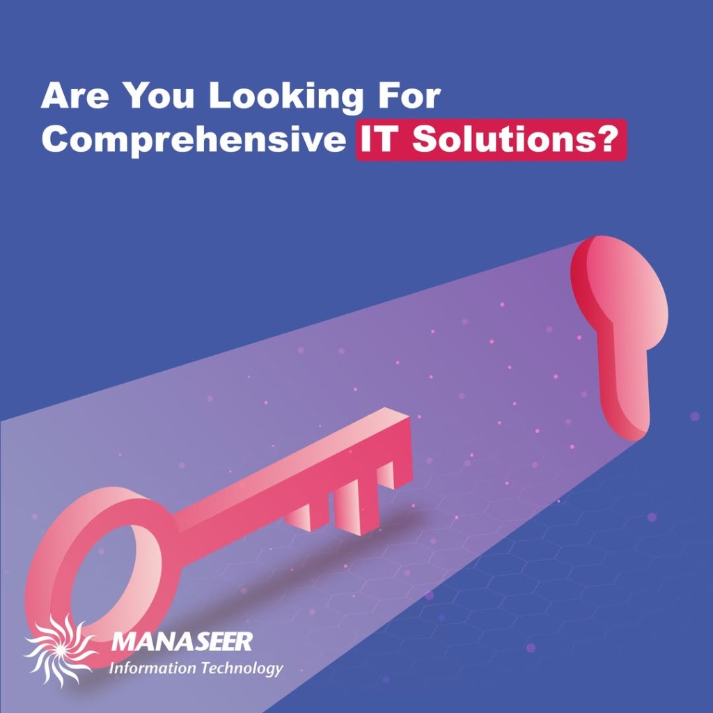 Al Manaseer Information Technology - 1:1 carousel (4 slides): comprehensive IT solutions (isometric key visual); end-to-end security stack (SIEM, SOC, SOAR, DLP, EDR, XDR, NDR); data center enterprise storage & HCI; network infrastructure (switching, routing, civil work) - bilingual headlines on navy with magenta brand accents. - Slide 1 of 4