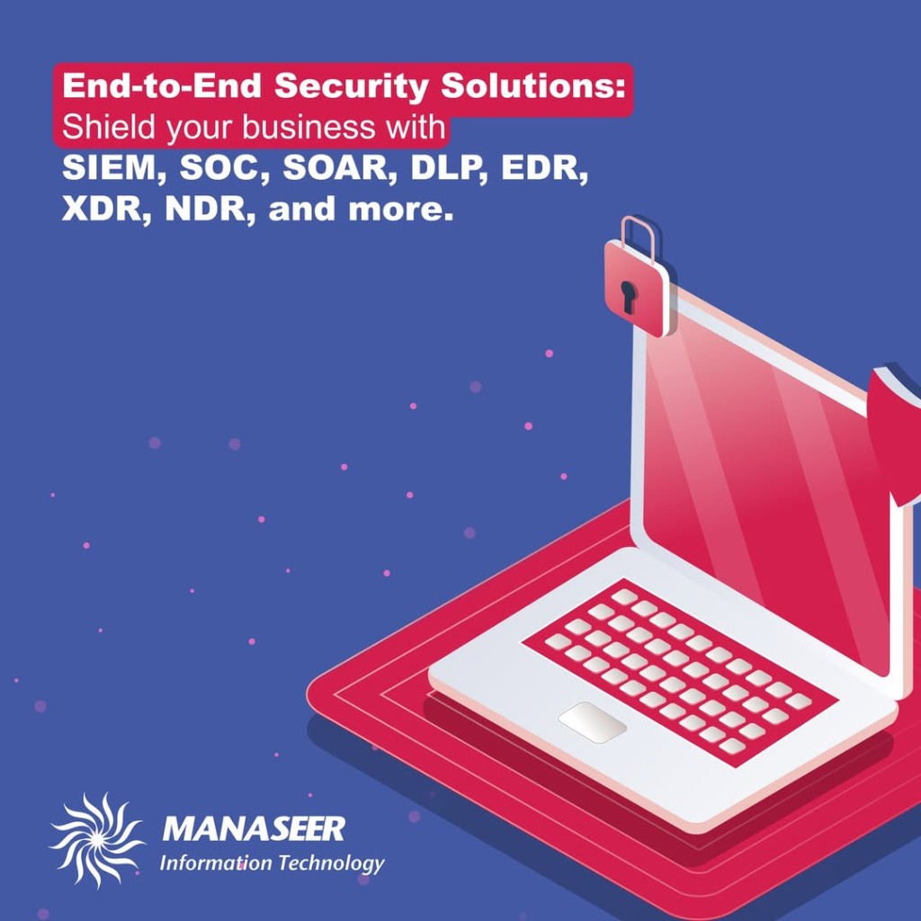 Al Manaseer Information Technology - 1:1 carousel (4 slides): comprehensive IT solutions (isometric key visual); end-to-end security stack (SIEM, SOC, SOAR, DLP, EDR, XDR, NDR); data center enterprise storage & HCI; network infrastructure (switching, routing, civil work) - bilingual headlines on navy with magenta brand accents. - Slide 2 of 4