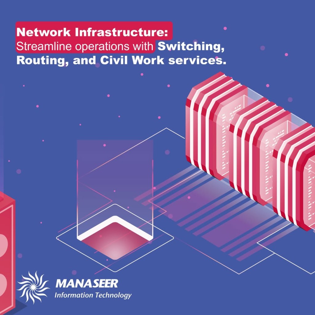 Al Manaseer Information Technology - 1:1 carousel (4 slides): comprehensive IT solutions (isometric key visual); end-to-end security stack (SIEM, SOC, SOAR, DLP, EDR, XDR, NDR); data center enterprise storage & HCI; network infrastructure (switching, routing, civil work) - bilingual headlines on navy with magenta brand accents. - Slide 4 of 4