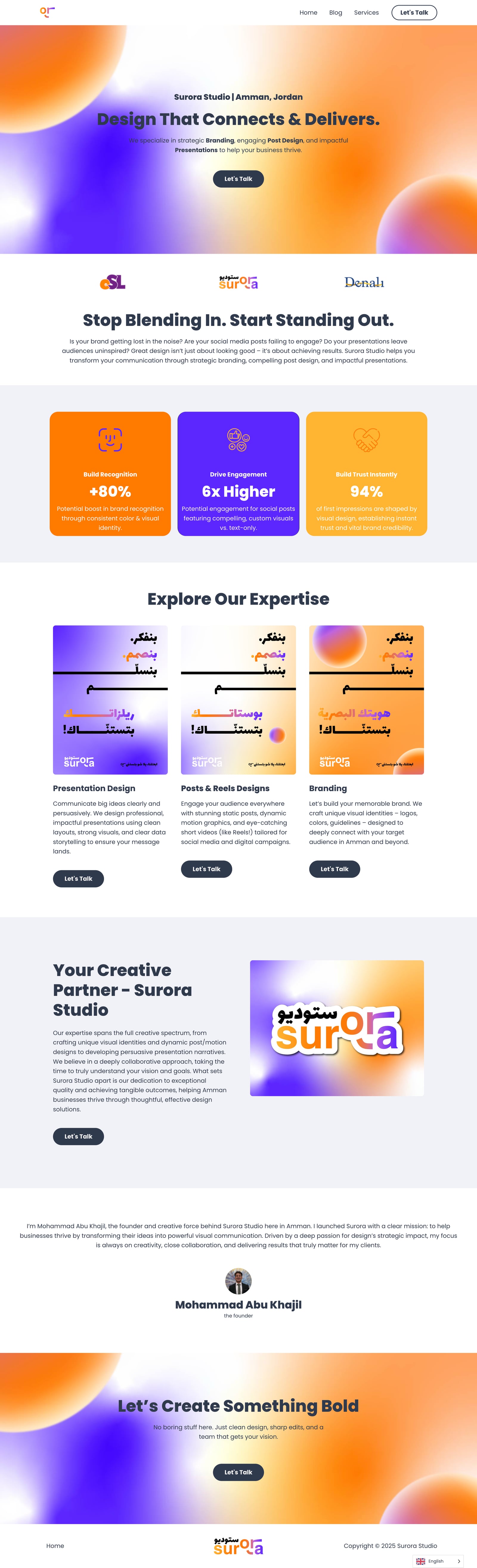 Full-length Surora Studio website screenshot inside a preview frame
